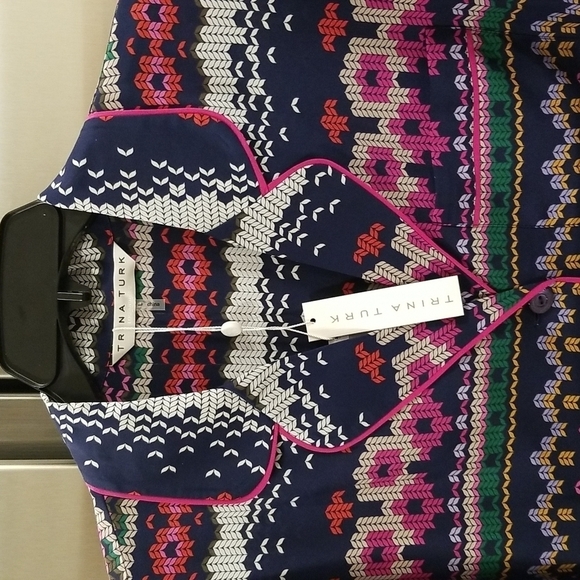💕TRINA TURK💕 Ira 3 100% Silk Pajama Style Top ~ Fairisle Print Large L NWT - Picture 11 of 16